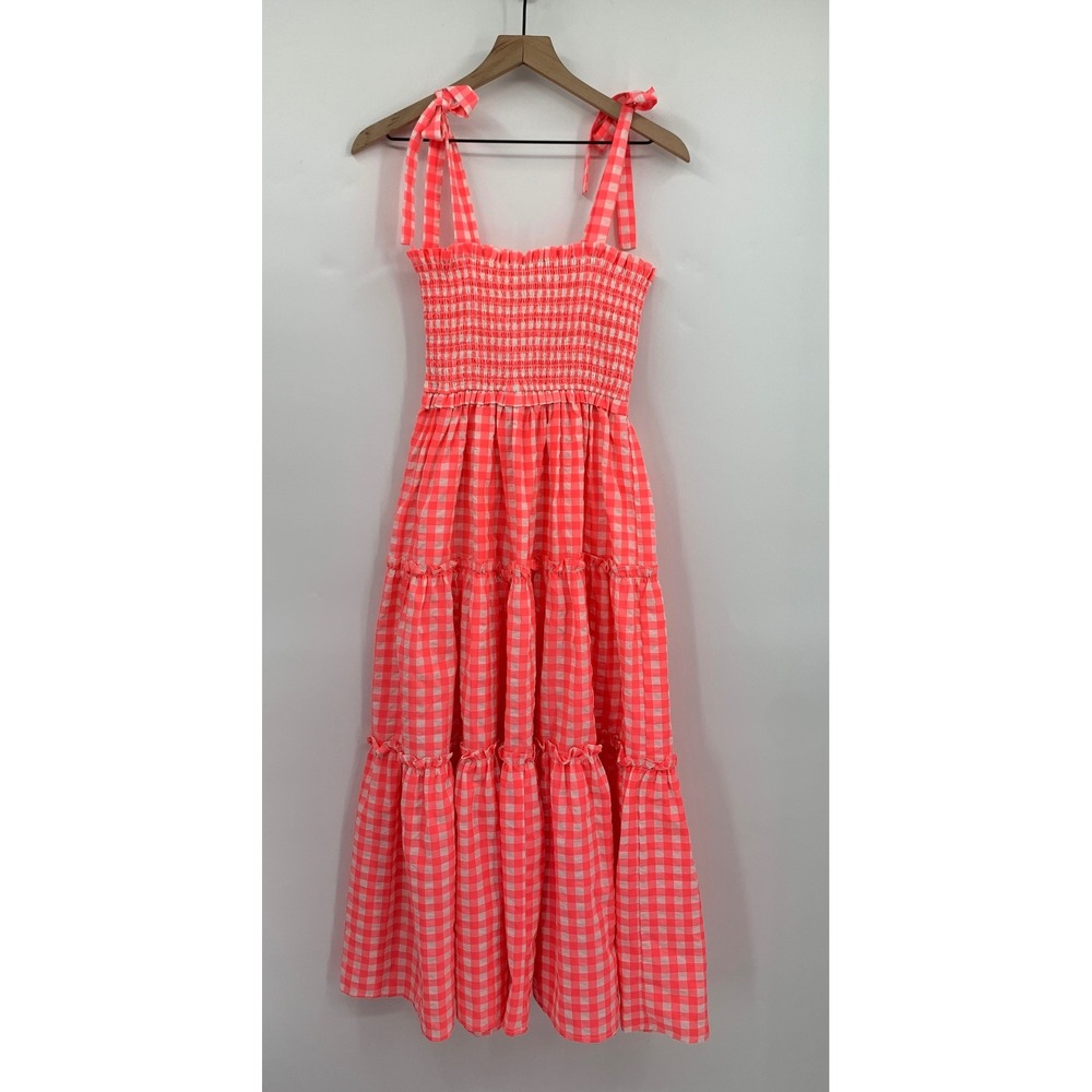Pomander Place Dress Womens Small Orange Pink Gingham Check Maxi‎ Tuckernuck